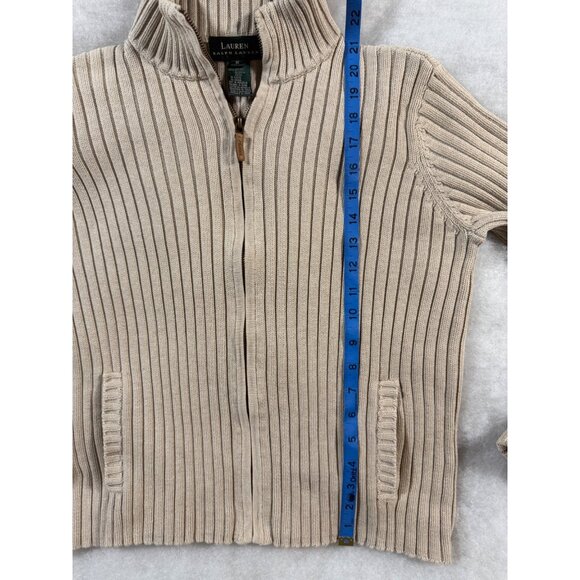 Lauren Ralph Lauren M Beige Rib Knit Cotton Cardigan Sweater Classic Heritage - Picture 11 of 12